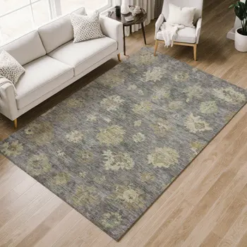 3' X 5' Pewter Gold And Beige Floral Washable Indoor Outdoor Area Rug