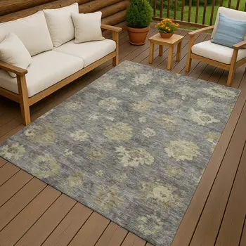 3' X 5' Pewter Gold And Beige Floral Washable Indoor Outdoor Area Rug