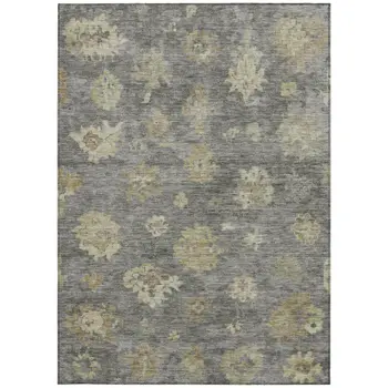 5' X 8' Pewter Gold And Beige Floral Washable Indoor Outdoor Area Rug