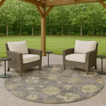 8' Pewter Gold And Beige Round Floral Washable Indoor Outdoor Area Rug