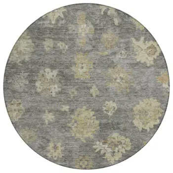 8' Pewter Gold And Beige Round Floral Washable Indoor Outdoor Area Rug
