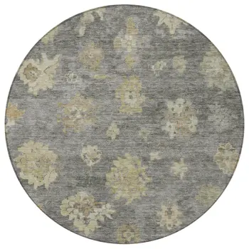 8' Pewter Gold And Beige Round Floral Washable Indoor Outdoor Area Rug