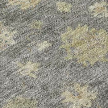 8' Pewter Gold And Beige Round Floral Washable Indoor Outdoor Area Rug