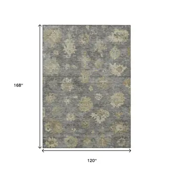 10' X 14' Pewter Gold And Beige Floral Washable Indoor Outdoor Area Rug