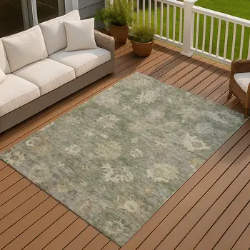 5' X 8' Sage And Beige Floral Washable Indoor Outdoor Area Rug