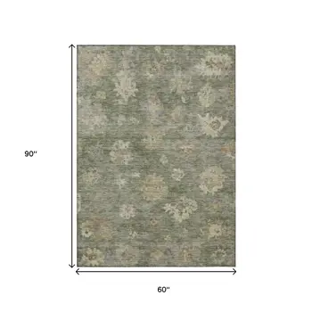 5' X 8' Sage And Beige Floral Washable Indoor Outdoor Area Rug