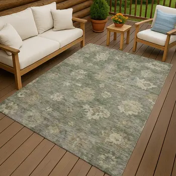 5' X 8' Sage And Beige Floral Washable Indoor Outdoor Area Rug