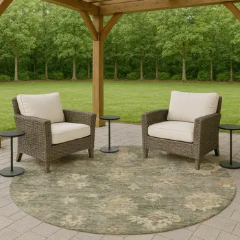 8' Sage And Beige Round Floral Washable Indoor Outdoor Area Rug