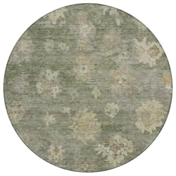 8' Sage And Beige Round Floral Washable Indoor Outdoor Area Rug