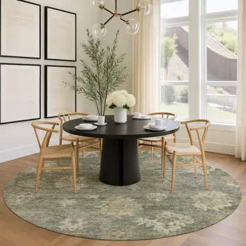 8' Sage And Beige Round Floral Washable Indoor Outdoor Area Rug