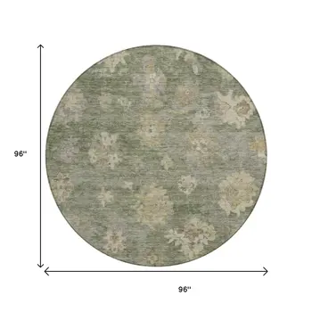 8' Sage And Beige Round Floral Washable Indoor Outdoor Area Rug