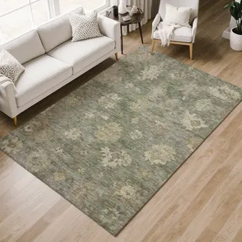 8' X 10' Sage And Beige Floral Washable Indoor Outdoor Area Rug