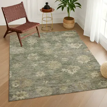 8' X 10' Sage And Beige Floral Washable Indoor Outdoor Area Rug