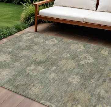 10' X 14' Sage And Beige Floral Washable Indoor Outdoor Area Rug