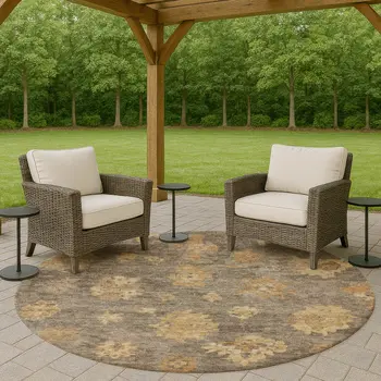 8' Taupe Beige And Brown Round Floral Washable Indoor Outdoor Area Rug