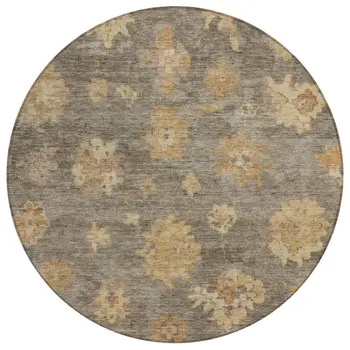 8' Taupe Beige And Brown Round Floral Washable Indoor Outdoor Area Rug