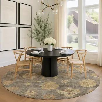 8' Taupe Beige And Brown Round Floral Washable Indoor Outdoor Area Rug