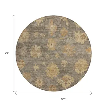 8' Taupe Beige And Brown Round Floral Washable Indoor Outdoor Area Rug