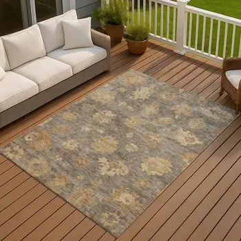 9' X 12' Taupe Beige And Brown Floral Washable Indoor Outdoor Area Rug