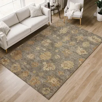 9' X 12' Taupe Beige And Brown Floral Washable Indoor Outdoor Area Rug
