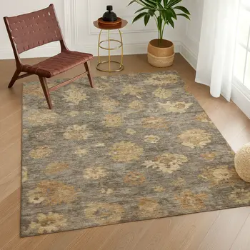 9' X 12' Taupe Beige And Brown Floral Washable Indoor Outdoor Area Rug