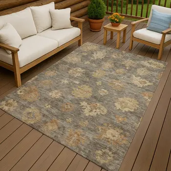 9' X 12' Taupe Beige And Brown Floral Washable Indoor Outdoor Area Rug