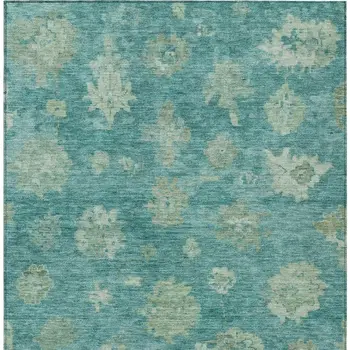 5' X 8' Teal Blue And Fern Green Floral Washable Indoor Outdoor Area Rug