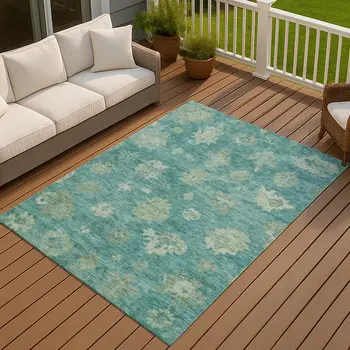 5' X 8' Teal Blue And Fern Green Floral Washable Indoor Outdoor Area Rug