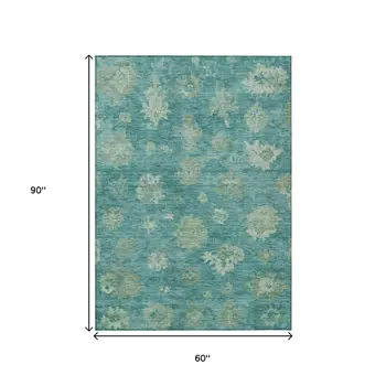 5' X 8' Teal Blue And Fern Green Floral Washable Indoor Outdoor Area Rug