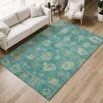 5' X 8' Teal Blue And Fern Green Floral Washable Indoor Outdoor Area Rug