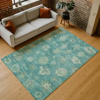 5' X 8' Teal Blue And Fern Green Floral Washable Indoor Outdoor Area Rug