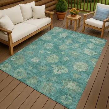 5' X 8' Teal Blue And Fern Green Floral Washable Indoor Outdoor Area Rug