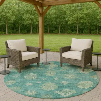 8' Teal Blue And Fern Green Round Floral Washable Indoor Outdoor Area Rug