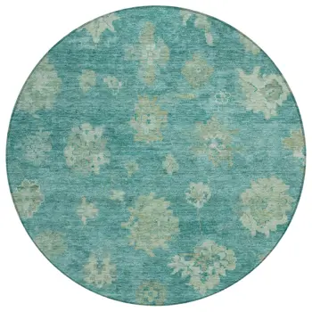 8' Teal Blue And Fern Green Round Floral Washable Indoor Outdoor Area Rug