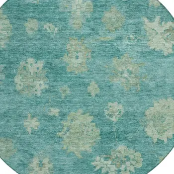 8' Teal Blue And Fern Green Round Floral Washable Indoor Outdoor Area Rug