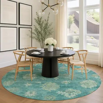8' Teal Blue And Fern Green Round Floral Washable Indoor Outdoor Area Rug