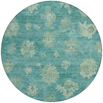 8' Teal Blue And Fern Green Round Floral Washable Indoor Outdoor Area Rug