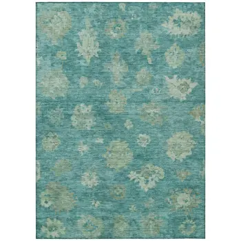 9' X 12' Teal Blue And Fern Green Floral Washable Indoor Outdoor Area Rug