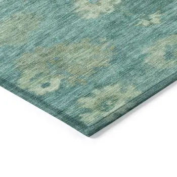 9' X 12' Teal Blue And Fern Green Floral Washable Indoor Outdoor Area Rug