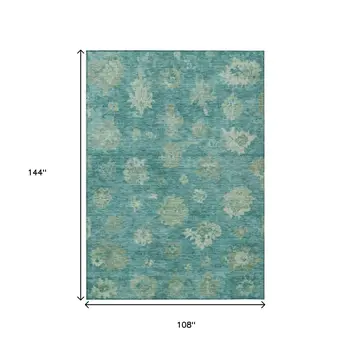 9' X 12' Teal Blue And Fern Green Floral Washable Indoor Outdoor Area Rug
