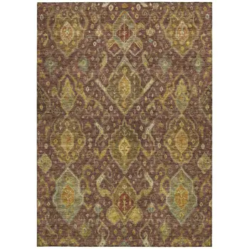 5' X 8' Burgundy Gold And Copper Ikat Washable Indoor Outdoor Area Rug