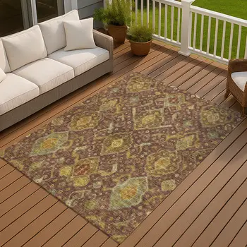 5' X 8' Burgundy Gold And Copper Ikat Washable Indoor Outdoor Area Rug