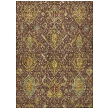 5' X 8' Burgundy Gold And Copper Ikat Washable Indoor Outdoor Area Rug