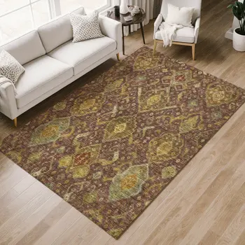 5' X 8' Burgundy Gold And Copper Ikat Washable Indoor Outdoor Area Rug