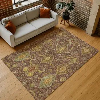 5' X 8' Burgundy Gold And Copper Ikat Washable Indoor Outdoor Area Rug