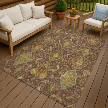 5' X 8' Burgundy Gold And Copper Ikat Washable Indoor Outdoor Area Rug