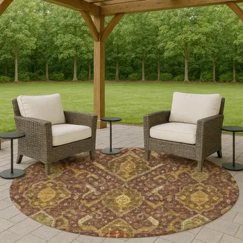 8' Burgundy Gold And Copper Round Ikat Washable Indoor Outdoor Area Rug