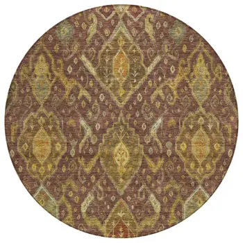 8' Burgundy Gold And Copper Round Ikat Washable Indoor Outdoor Area Rug