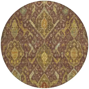 8' Burgundy Gold And Copper Round Ikat Washable Indoor Outdoor Area Rug
