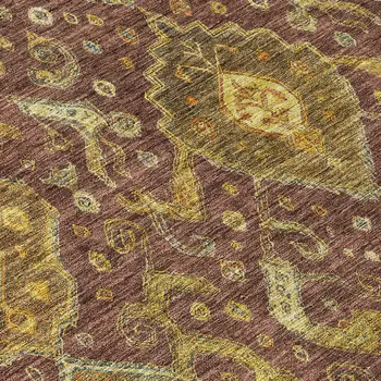 8' Burgundy Gold And Copper Round Ikat Washable Indoor Outdoor Area Rug